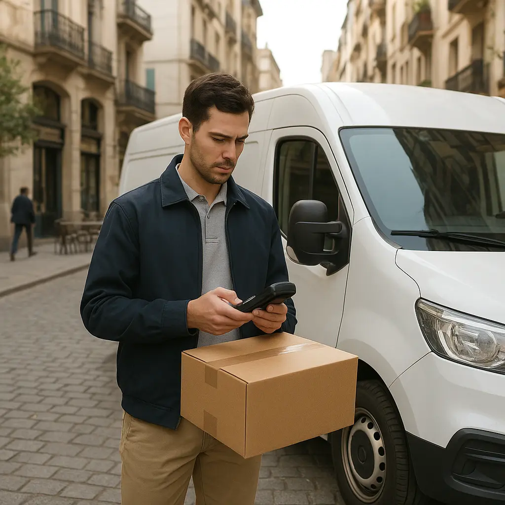 Kurier mit Paket und Scanner neben Lieferfahrzeug in Zürich