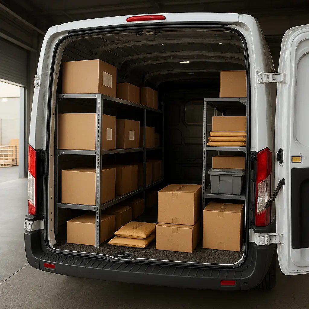 Lieferfahrzeug mit organisierten Paketen im Laderaum
