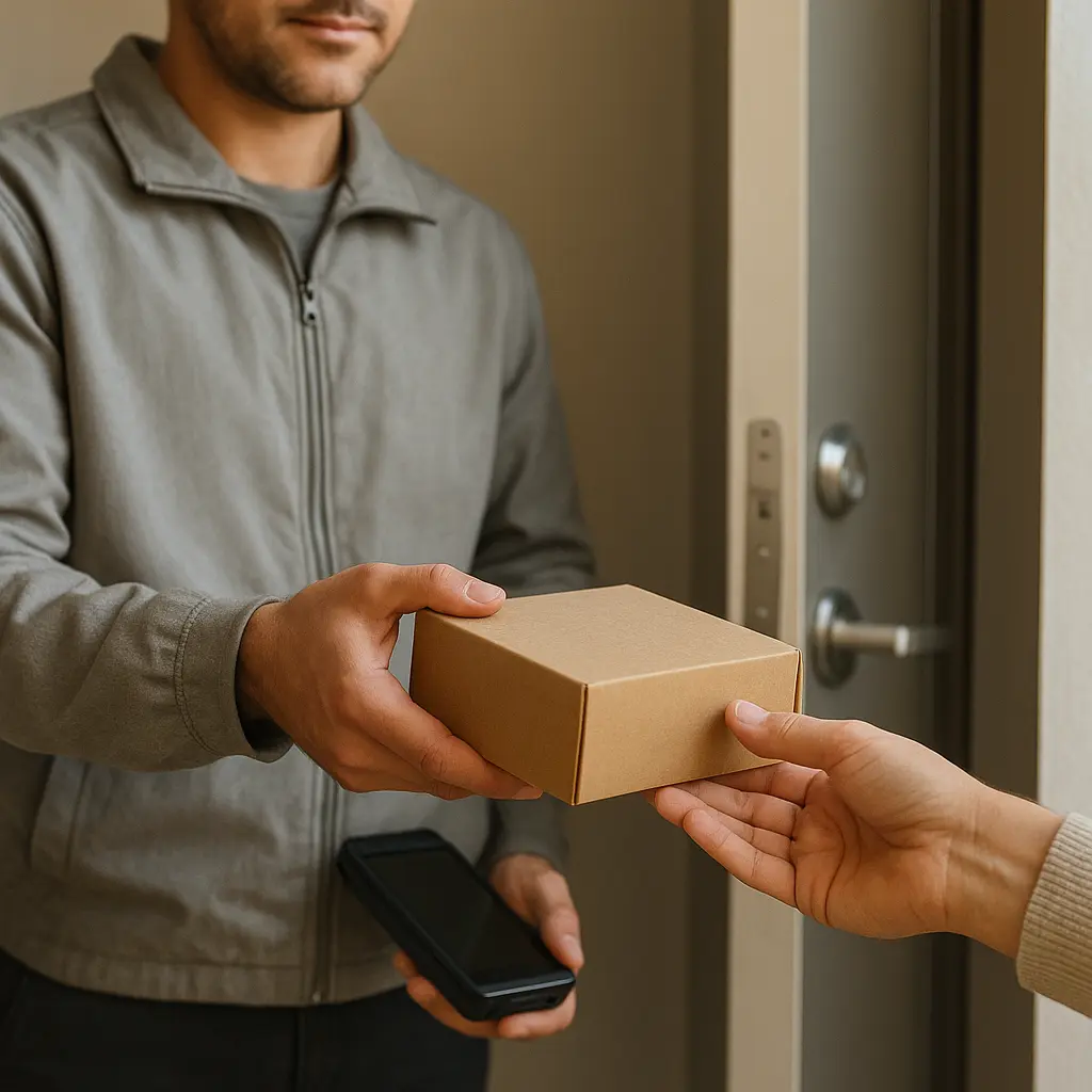 Kurier übergibt Paket mit Zustellscanner